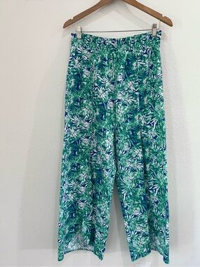 Land n Sea Linen Tropical Print Wide-Leg Pants Cropped Stretch